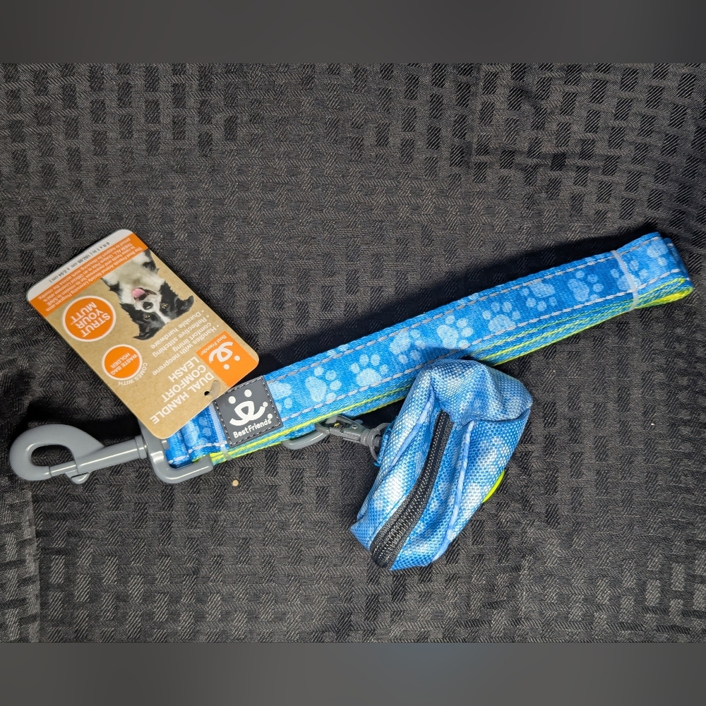 Blue And Neon Yellow Best Friends Dual Handle Comfort Leash With Poop Bag Holder